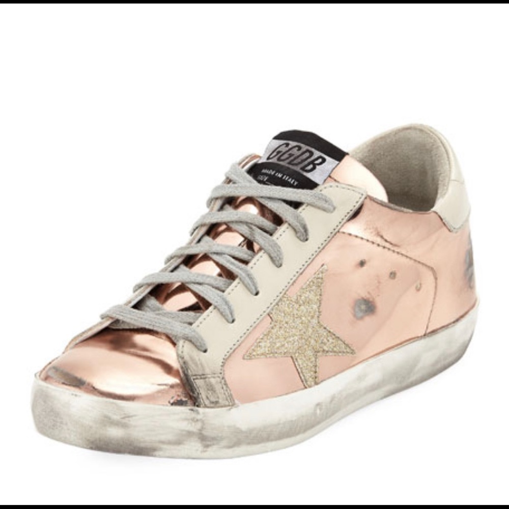 Authentic Golden Goose Superstar Sneakers Rose Gold with Gold Glitter Star
